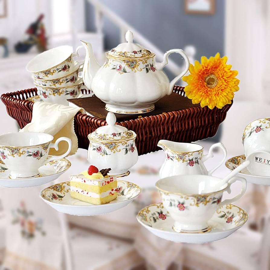 Tea Set Tableware for Women Tea Party Vintage Tea Cup and Saucer with 6  British Afternoon Tea with Teapot Sugar Bowl and Sour Cream Decoration : ...