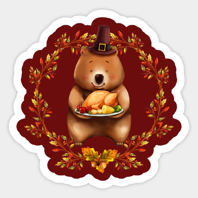 Thanksgiving Bear With Turkey Dinner - Thanksgiving Day - Sticker ...