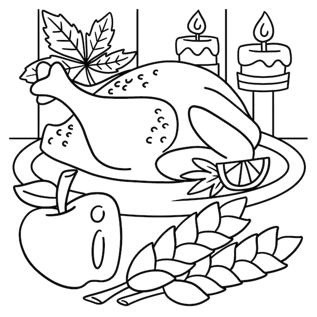 Thanksgiving dinner turkey meal coloring page | Premium Vector