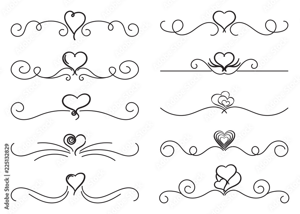 Swirls thin line set with hearts. Decorative elements for frames ...
