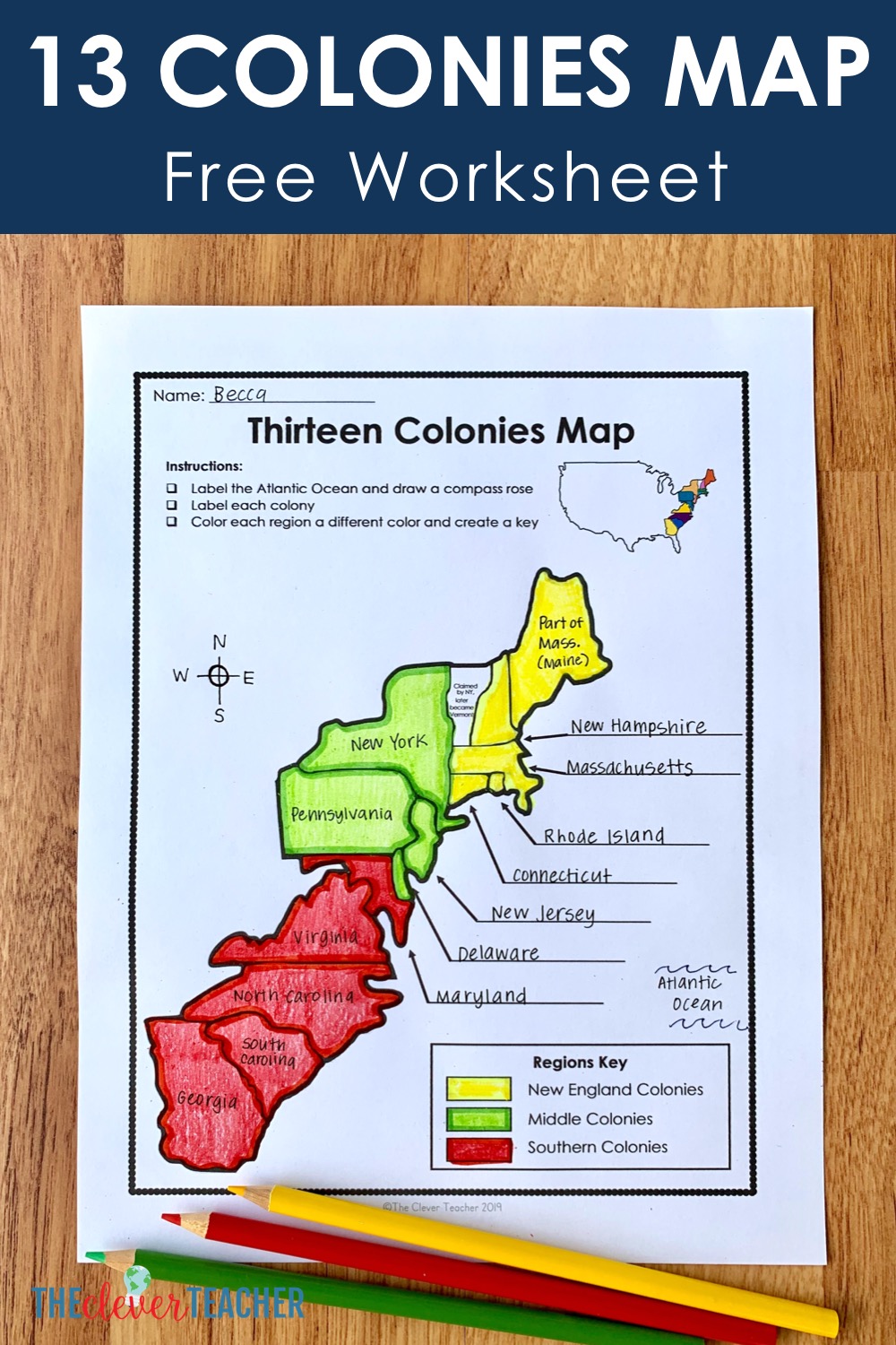 13 Colonies Free Map Worksheet and Lesson for students