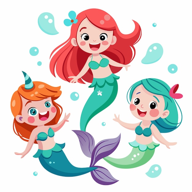 Three happy mermaids with different hair colors and tails swimming ...