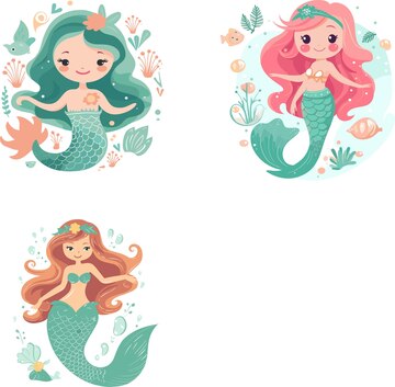 Three mermaids with different hair colors and one with a flower on ...