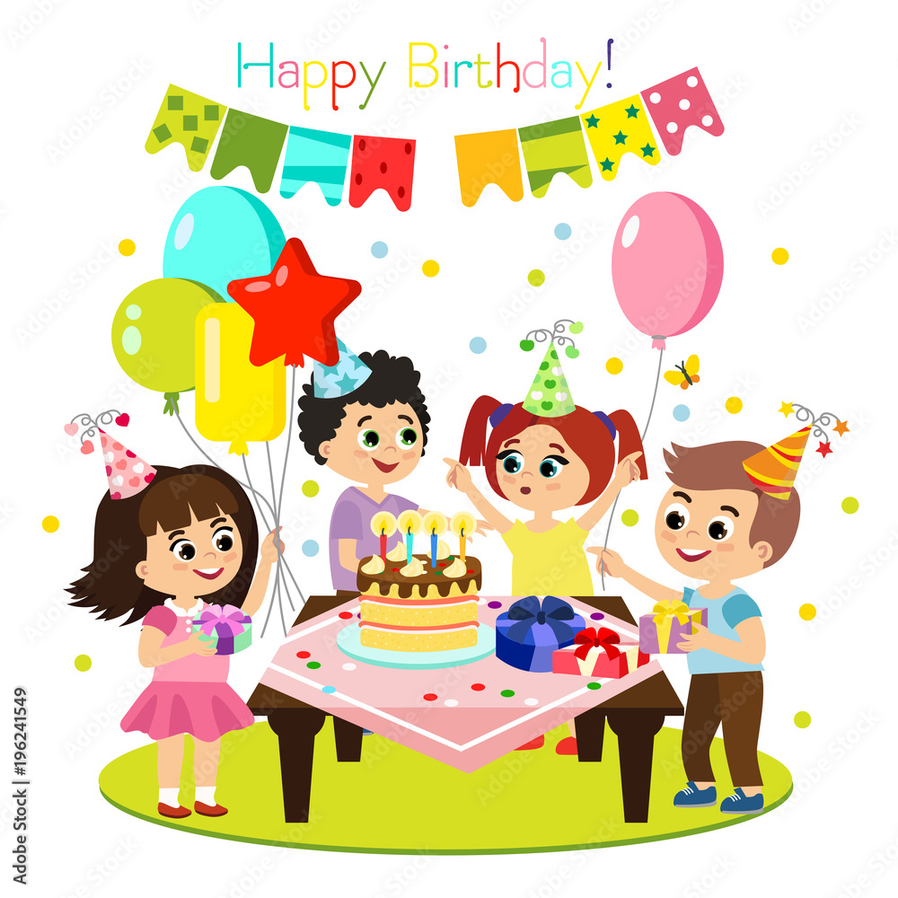 Vector illustration of kids birthday party, colorful and bright ...