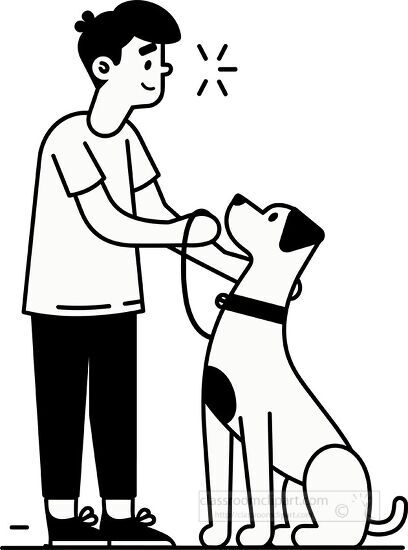 Animal Outline Clipart-young boy training his dog to sit