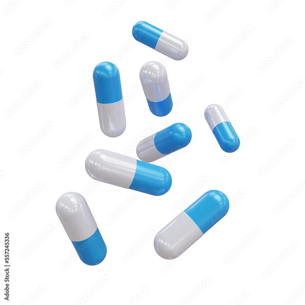 White and blue capsules isolated on transparent background. 3d ...