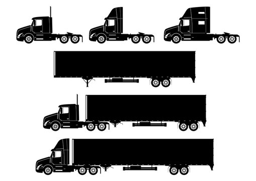 Truck icon. Set of modern semi truck silhouettes. Side view. Flat ...