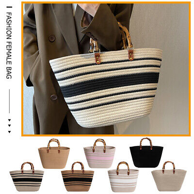 Beach Bags Bamboo Handle Beach Vacation Bags Striped Portable ...