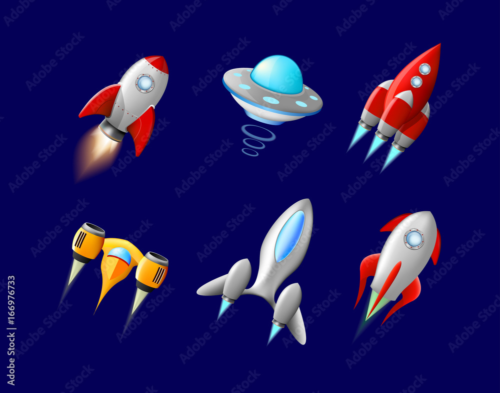 Vector spaceship and UFO vector set in cartoon style. Rocket and ...