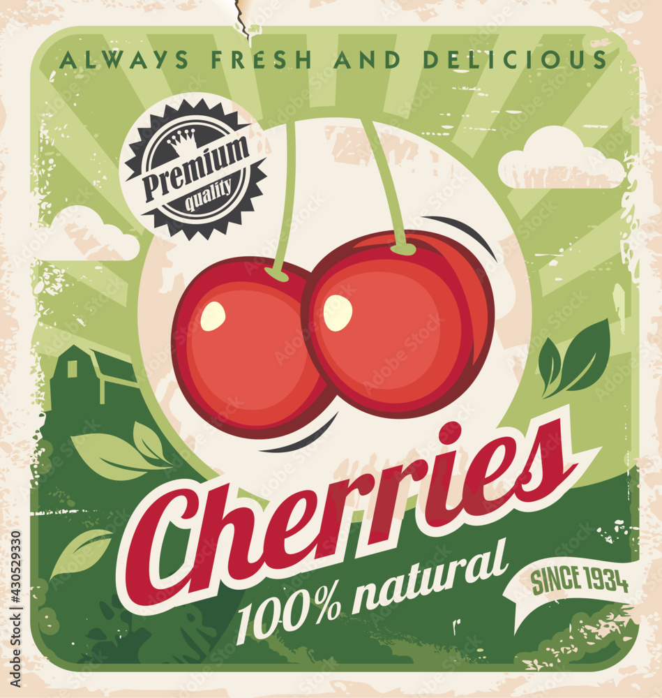 Cherries vintage poster template. Organic fruits promotional retro ...