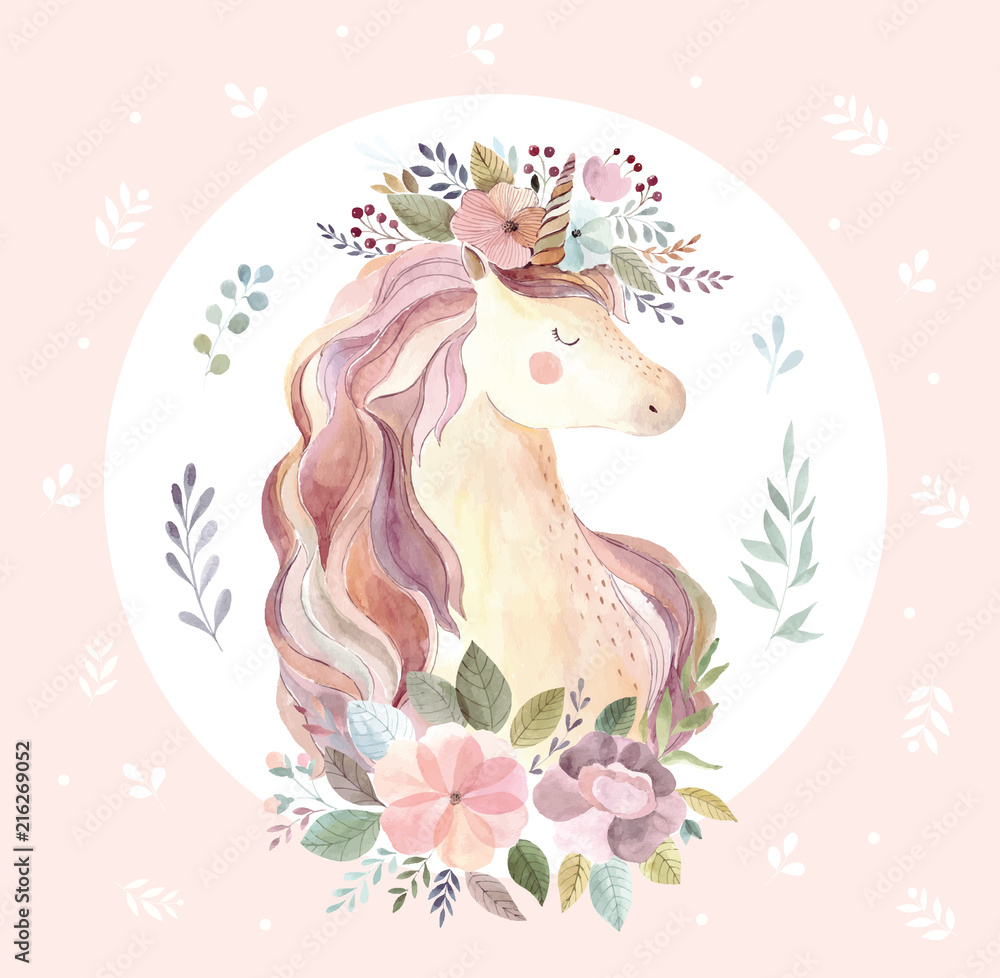 Poster, Wandbilder Vintage illustration with cute unicorn on pink  background, 40x40 cm