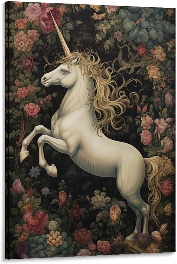 Night Unicorn Canvas Wall Art Flower Vintage Animals Fantasy ...