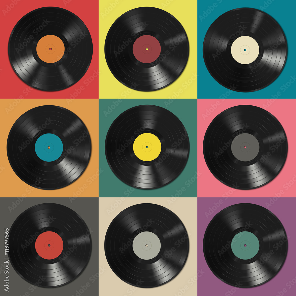 Poster, Wandbilder Vinyl records with colorful labels, 40x40 cm