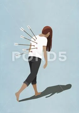 Dejected woman walking with arrows in back: Royalty Free #156375338