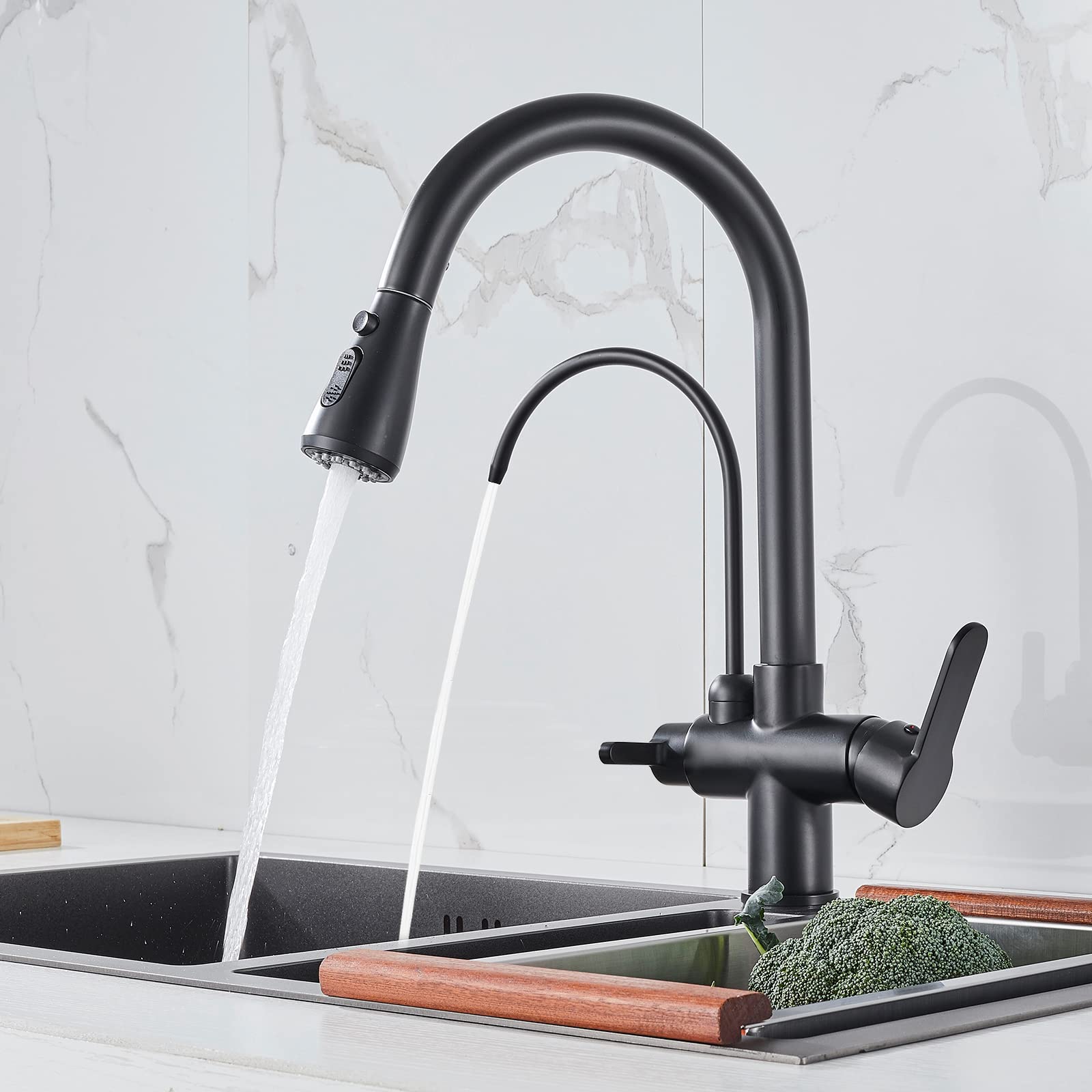 POPFLY Modern Kitchen Faucet with Drinking Water Tap, 2 Handle, 3 in 1  Water Filter Cleaner Faucet with Pull Out Sprayer, Brass Body, Black : ...