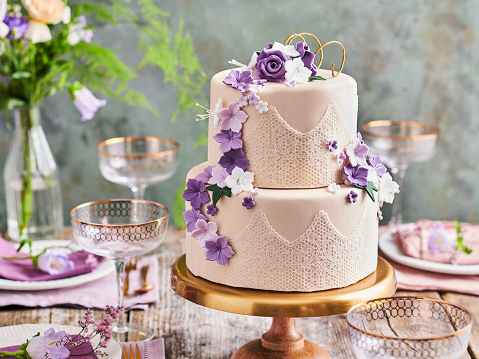 Wedding cake with edible lace and sugar paste flowers