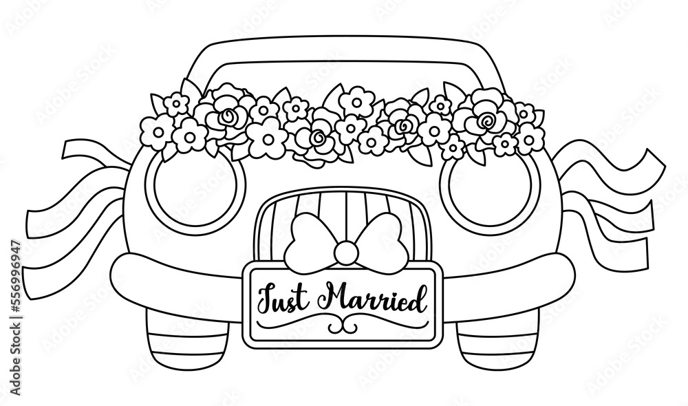 Vector black and white wedding car decorated with flowers and ...