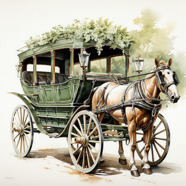 Green Wedding Carriage with White Flowers and Greenery Adornments ...