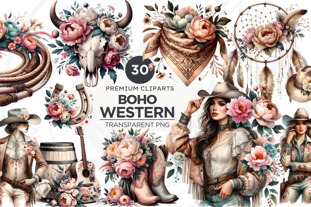 Boho Floral Western set PNG Clipart Set, Boho western collection