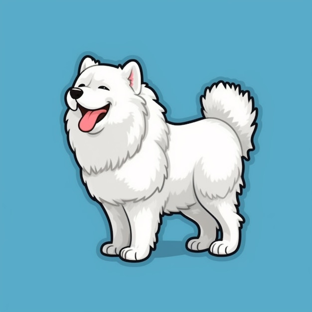 A cartoon white dog with a big smile on a blue background ...