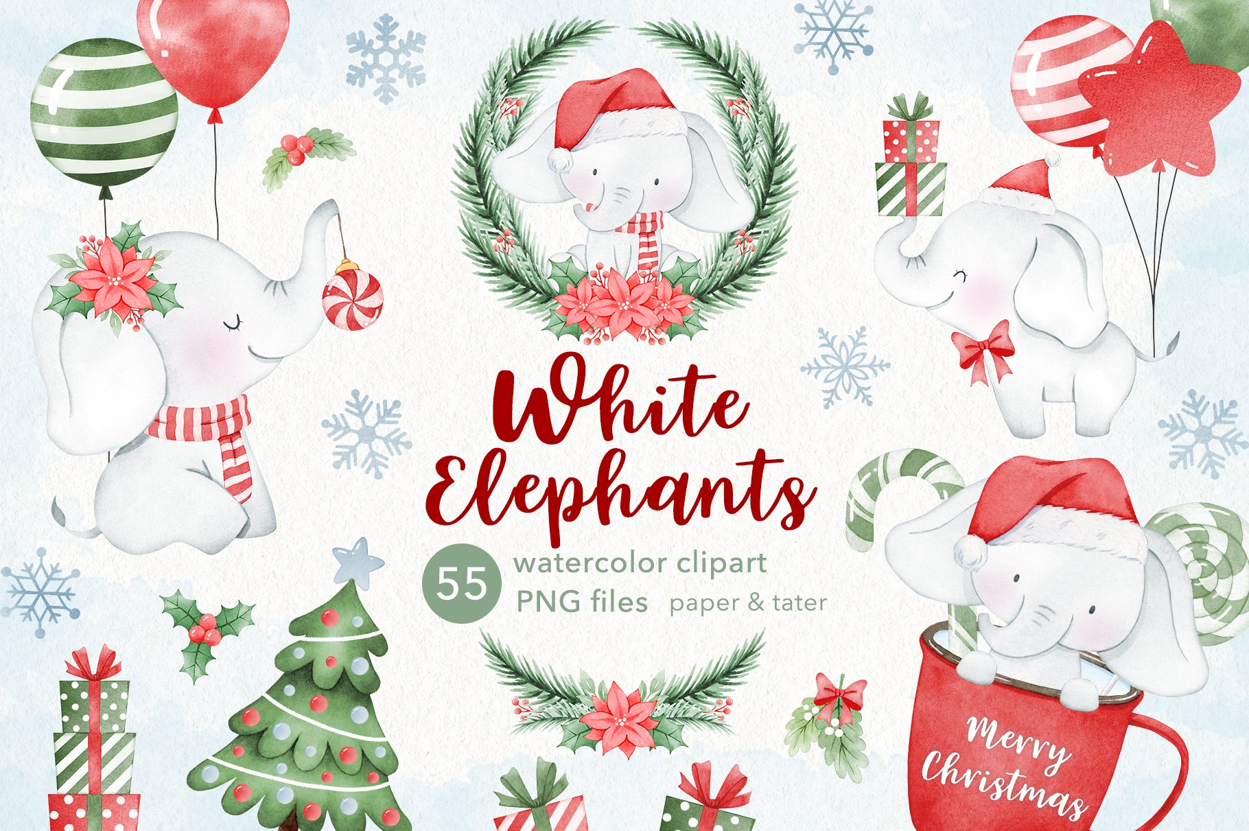 Watercolor White Elephant Christmas Clipart, Xmas Animal PNG