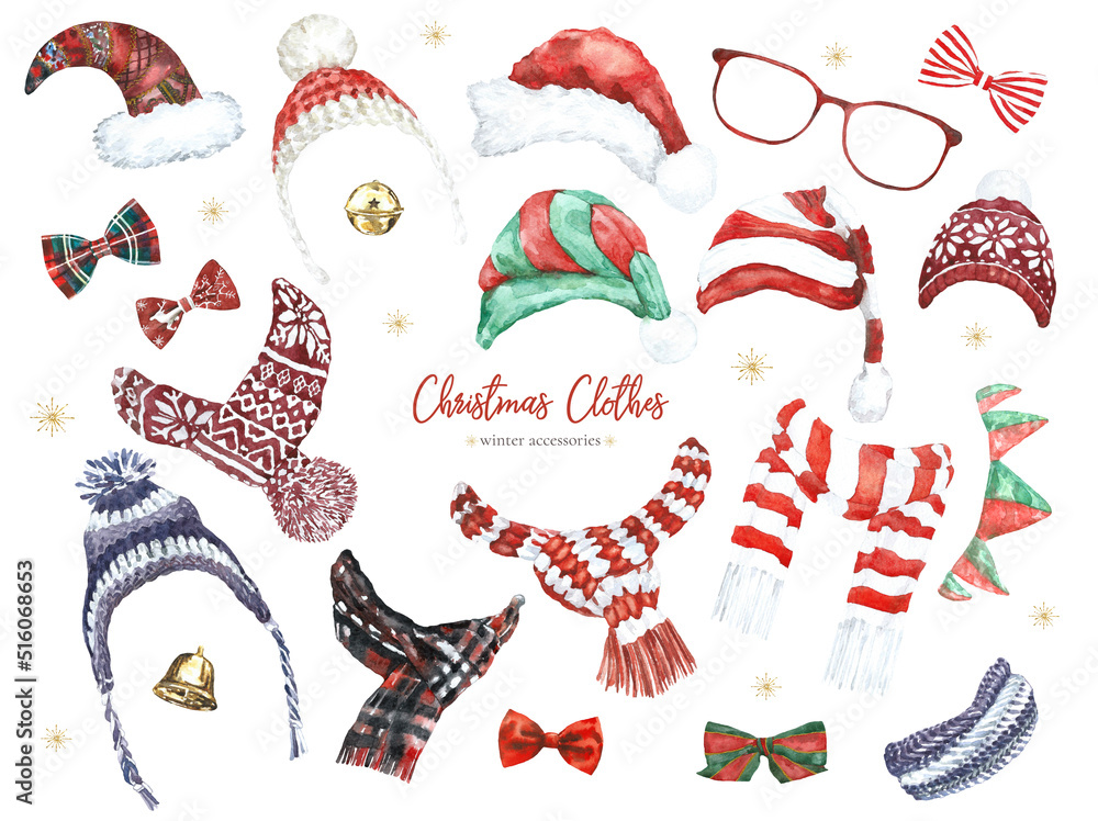 Christmas clothes set of watercolor hats,scarf, bowtie object ...