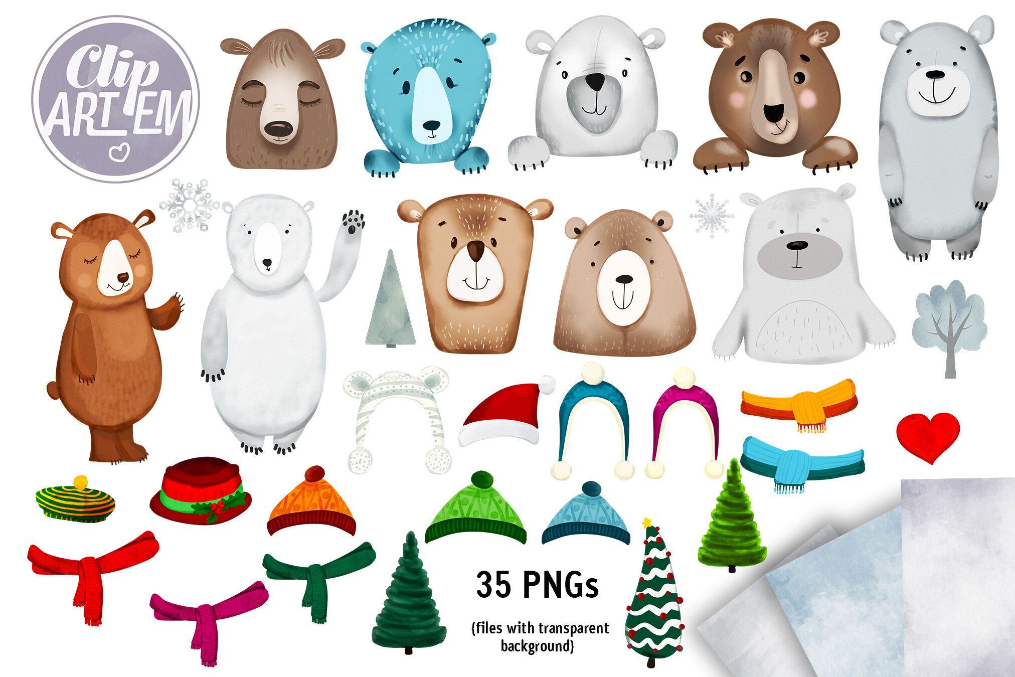 Sweet Bears Clip Art 35 PNGs Winter bear in hats watercolor file ...