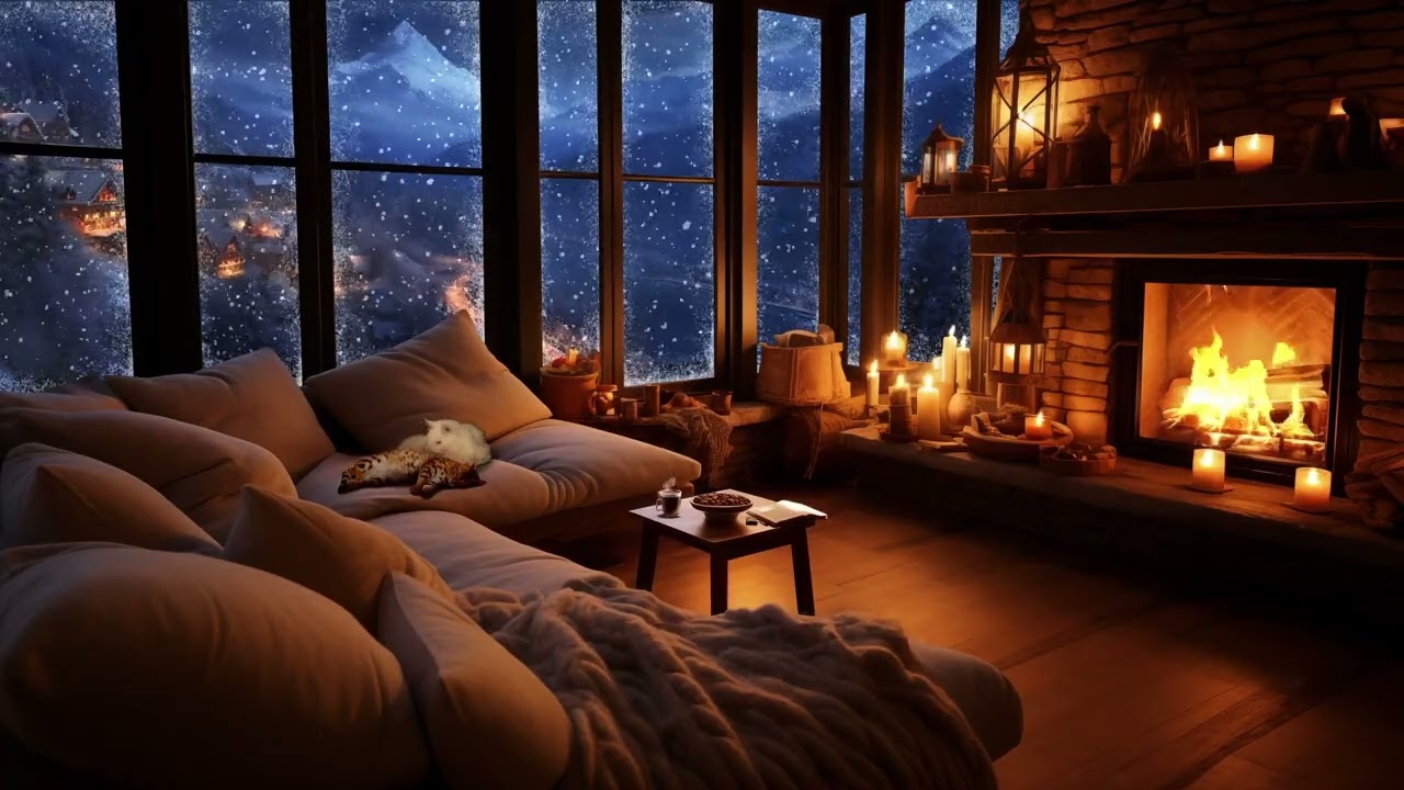 Cozy Winter Evening with Wind, Snow and Crackling Fireplace - Winter  Ambience with Cats and Cozy Hut