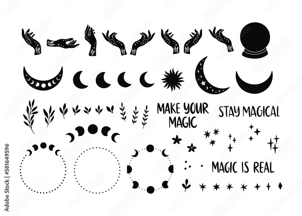 Boho vector illustration set - witchy hands, celestial elements ...