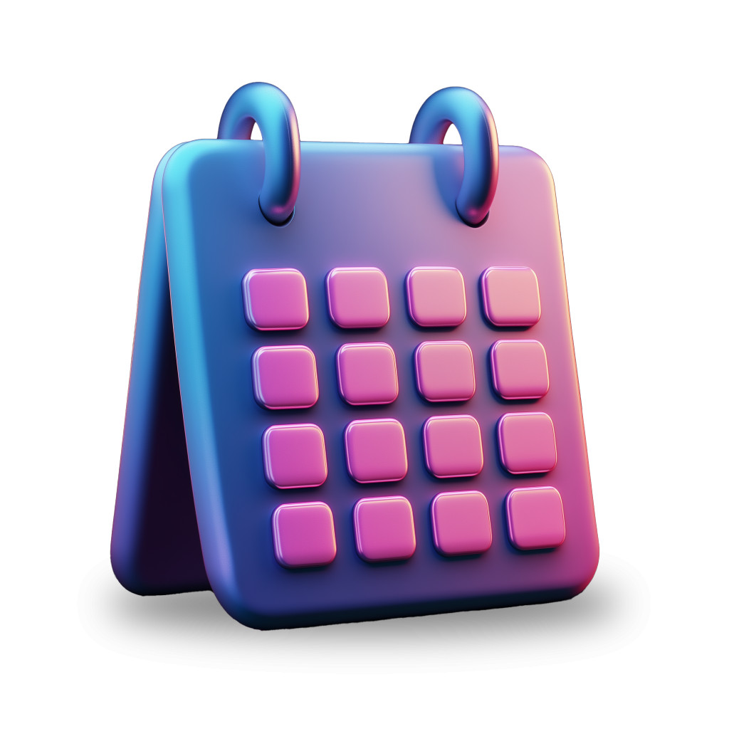 3D glossy calendar icon with a blue and pink gradient and a grid of days.
