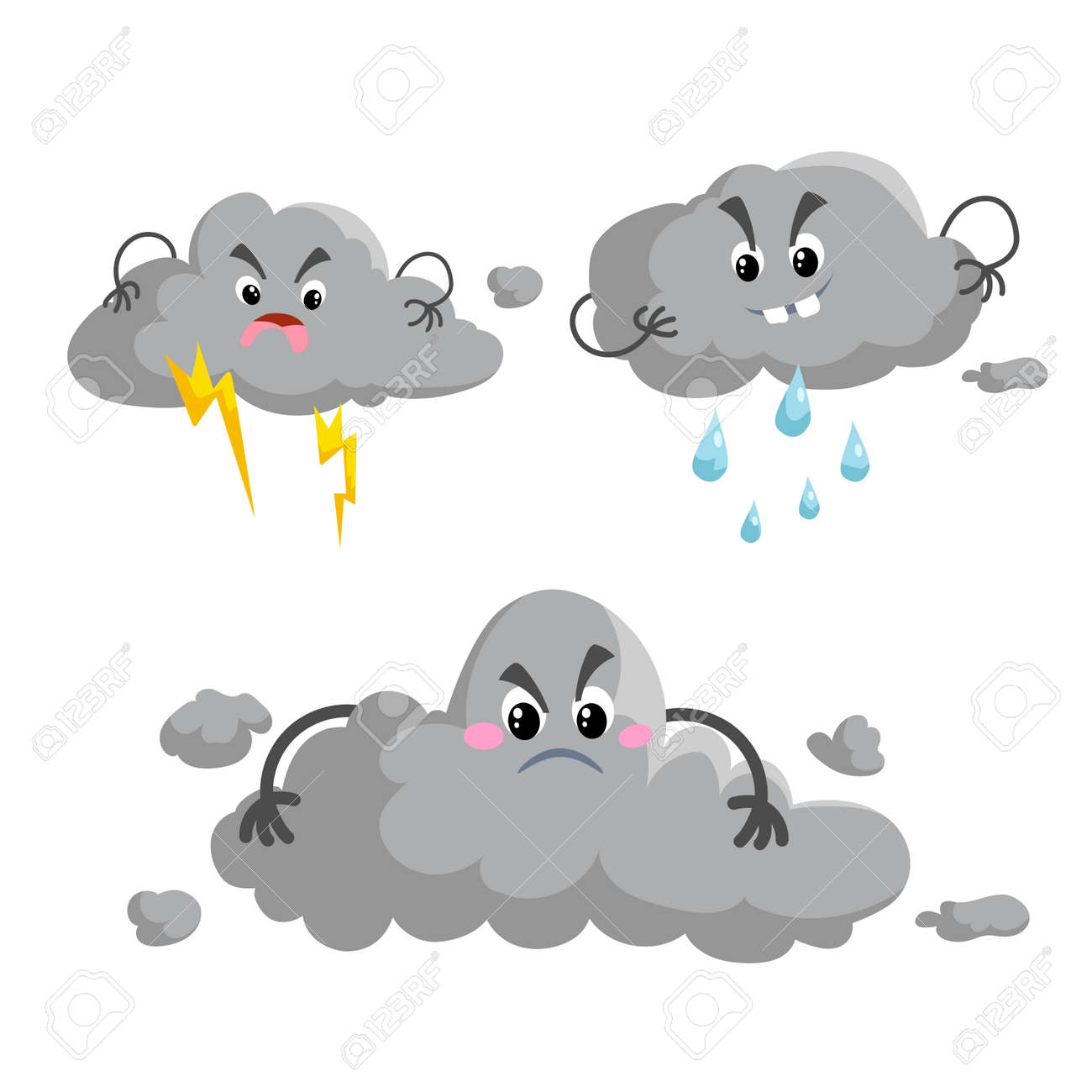 Set of three cute angry storm clouds with faces, lightning bolts, and rain drops.