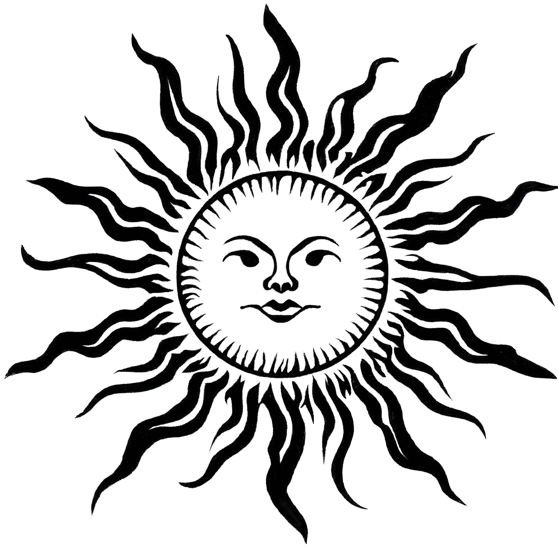 Stylized black and white sun with a human face and wavy rays.