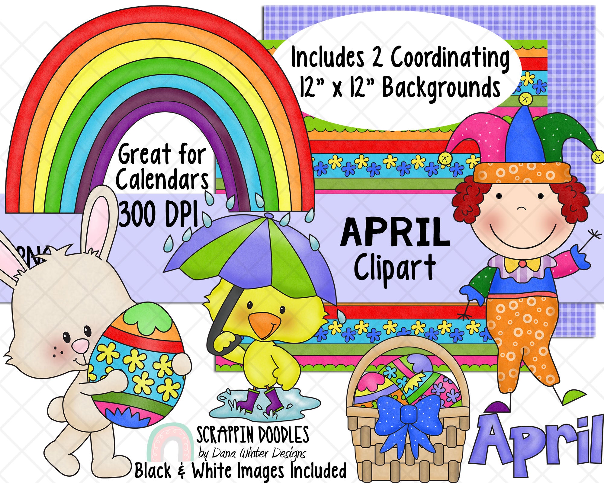 April Clipart Set - Easter Bunny, Duck, Clown, and Rainbow