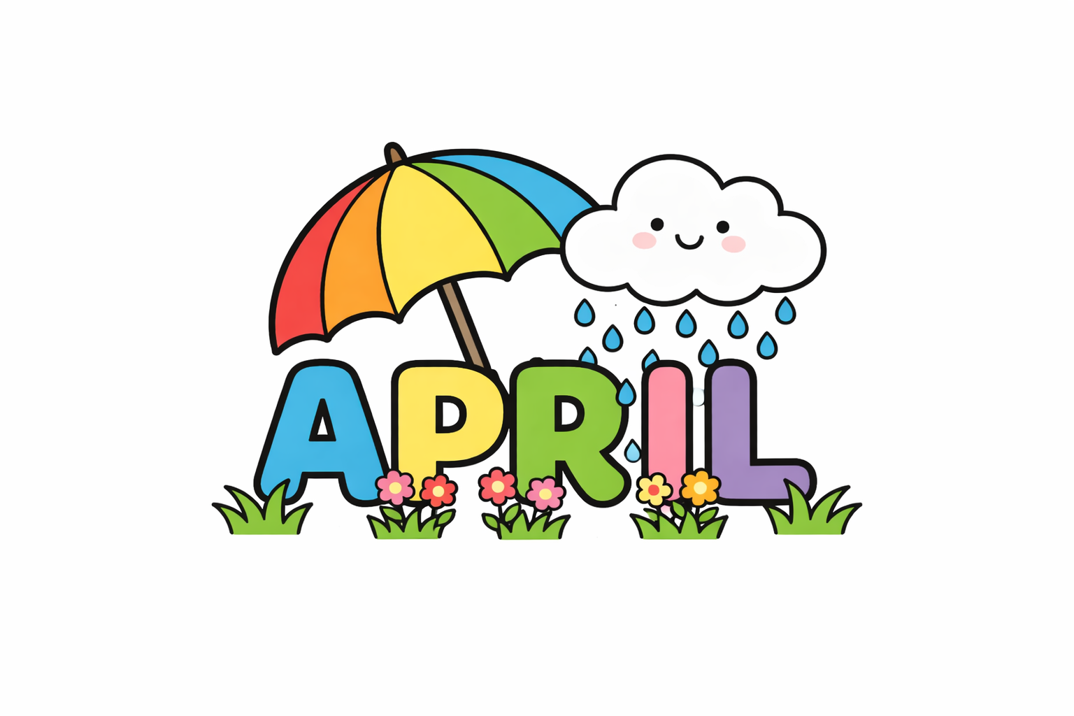 Colorful cartoon word "April" with a rainbow umbrella, smiling rain cloud, and flowers at the bottom.