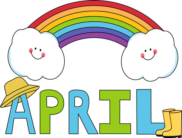 Colorful cartoon rainbow and smiling clouds over the word April with a yellow rain hat and boots.