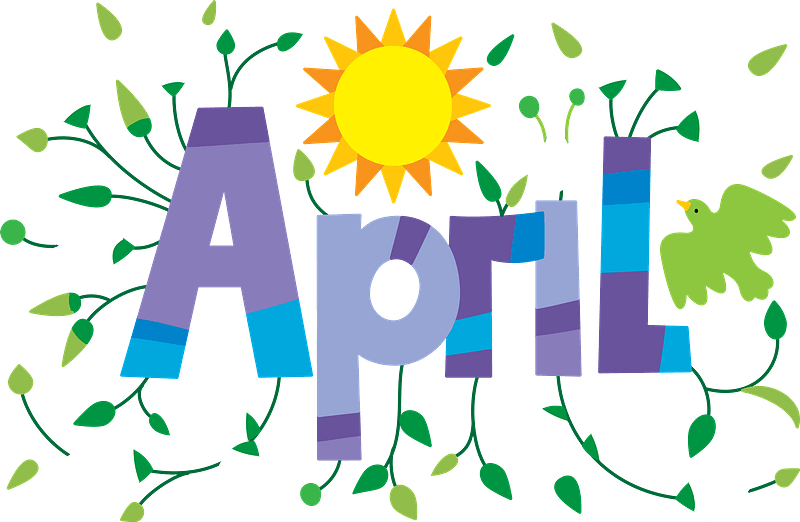 April Spring Clipart with Flowers, Sun, and Bird