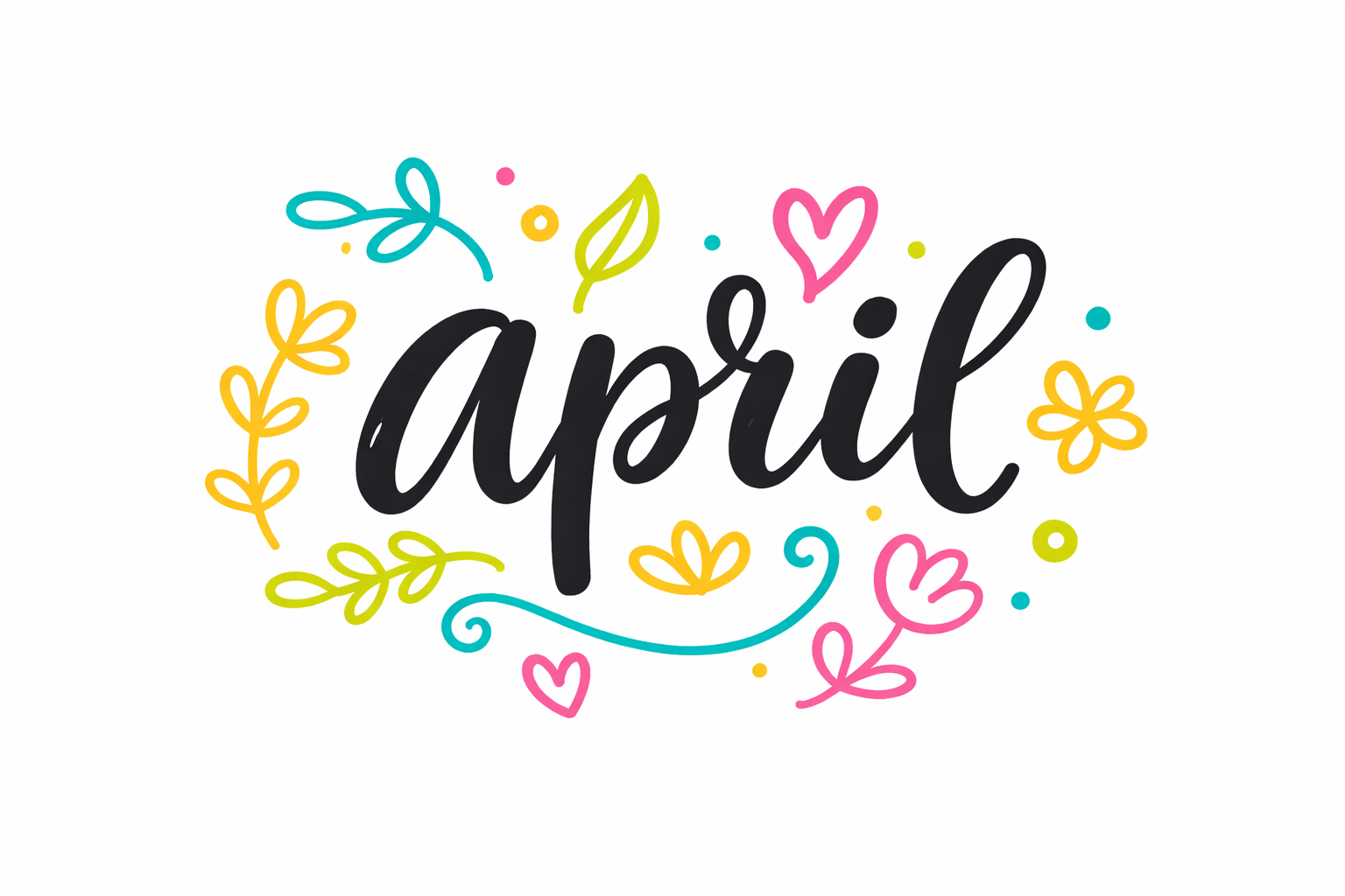 April Spring Typography with Floral Doodles and Hearts