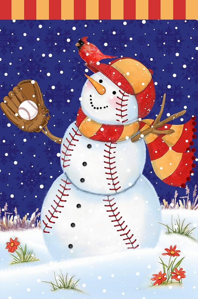 Baseball Snowman with Cardinal Winter Illustration