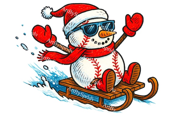 Baseball Snowman Sledding Illustration - Winter Sports Art