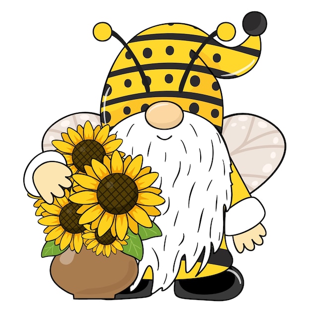 Whimsical bee gnome with a long white beard holding a pot of bright yellow sunflowers.