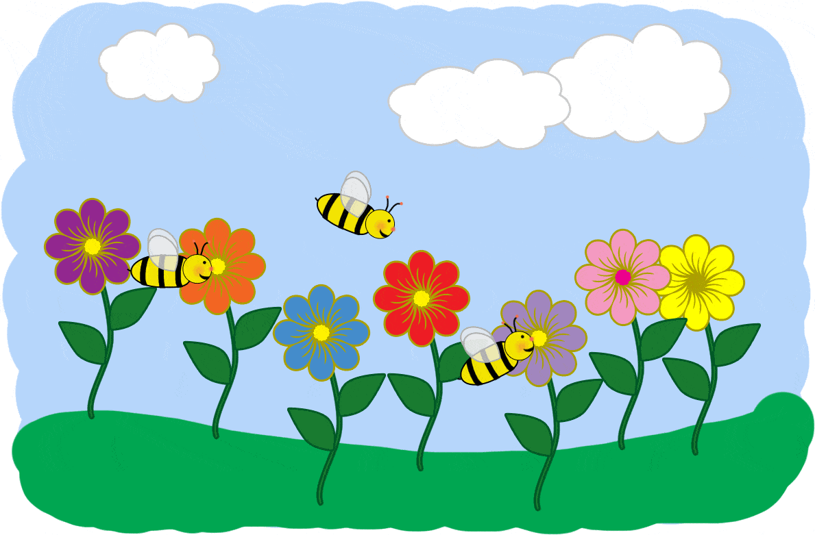 Cartoon illustration of three bees flying around colorful flowers in a garden under a blue sky with clouds.