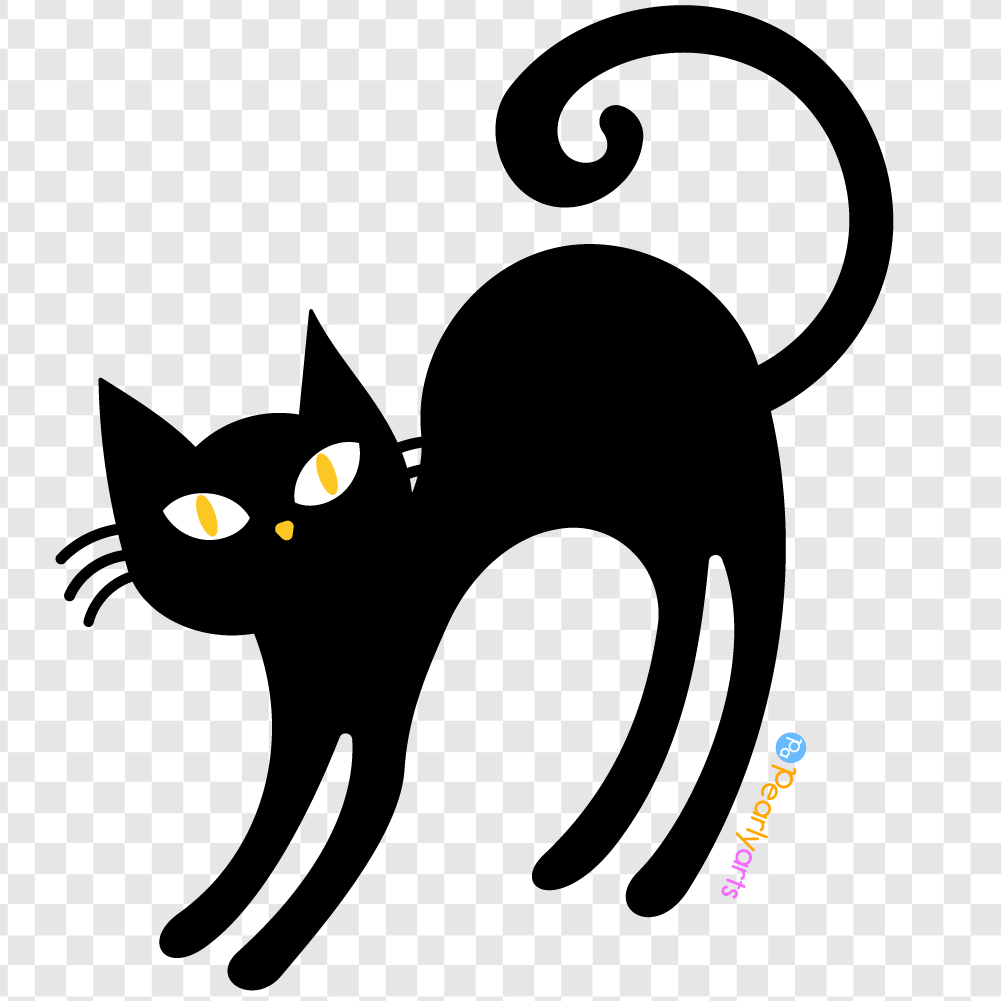 Stylized black cat silhouette with arched back and curled tail on transparent background.