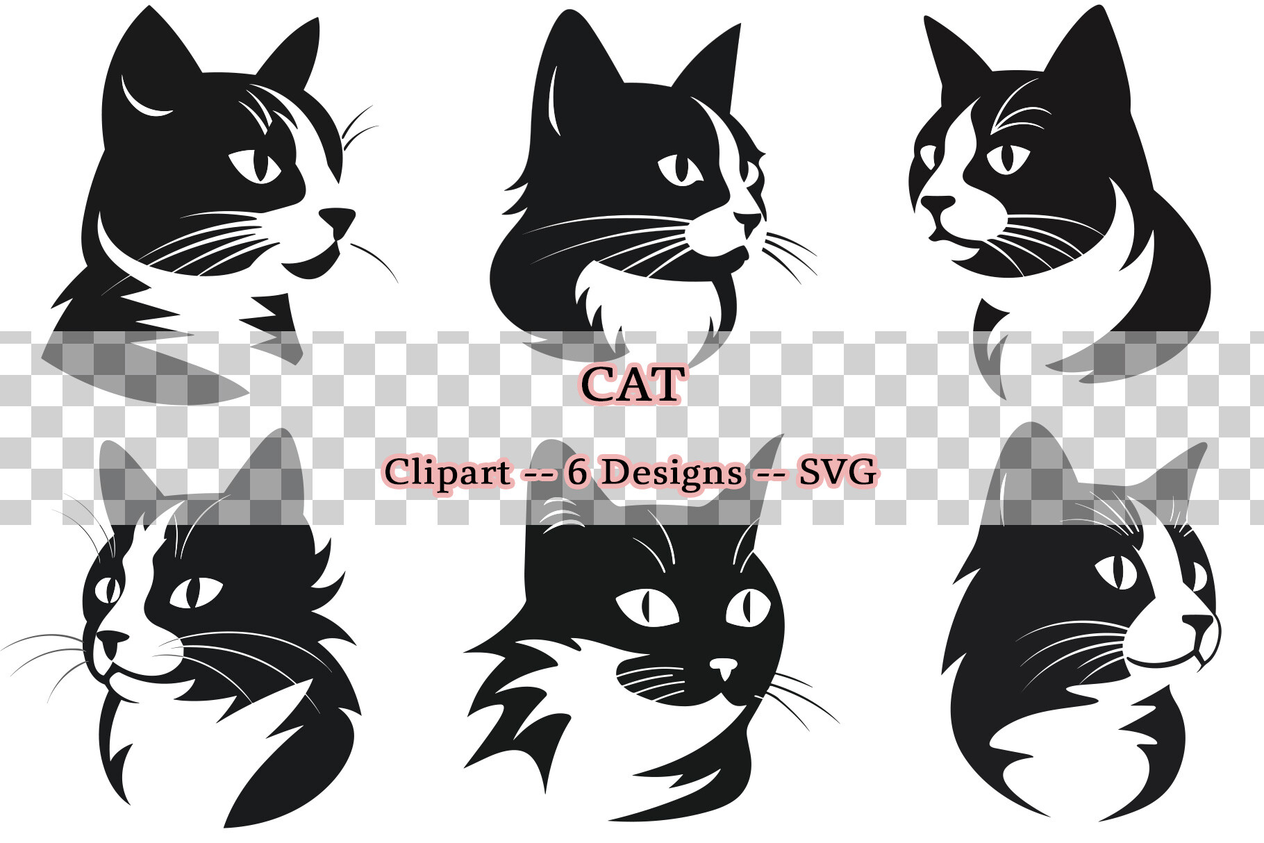 6 Black and White Cat Head Silhouettes - SVG Clipart Bundle