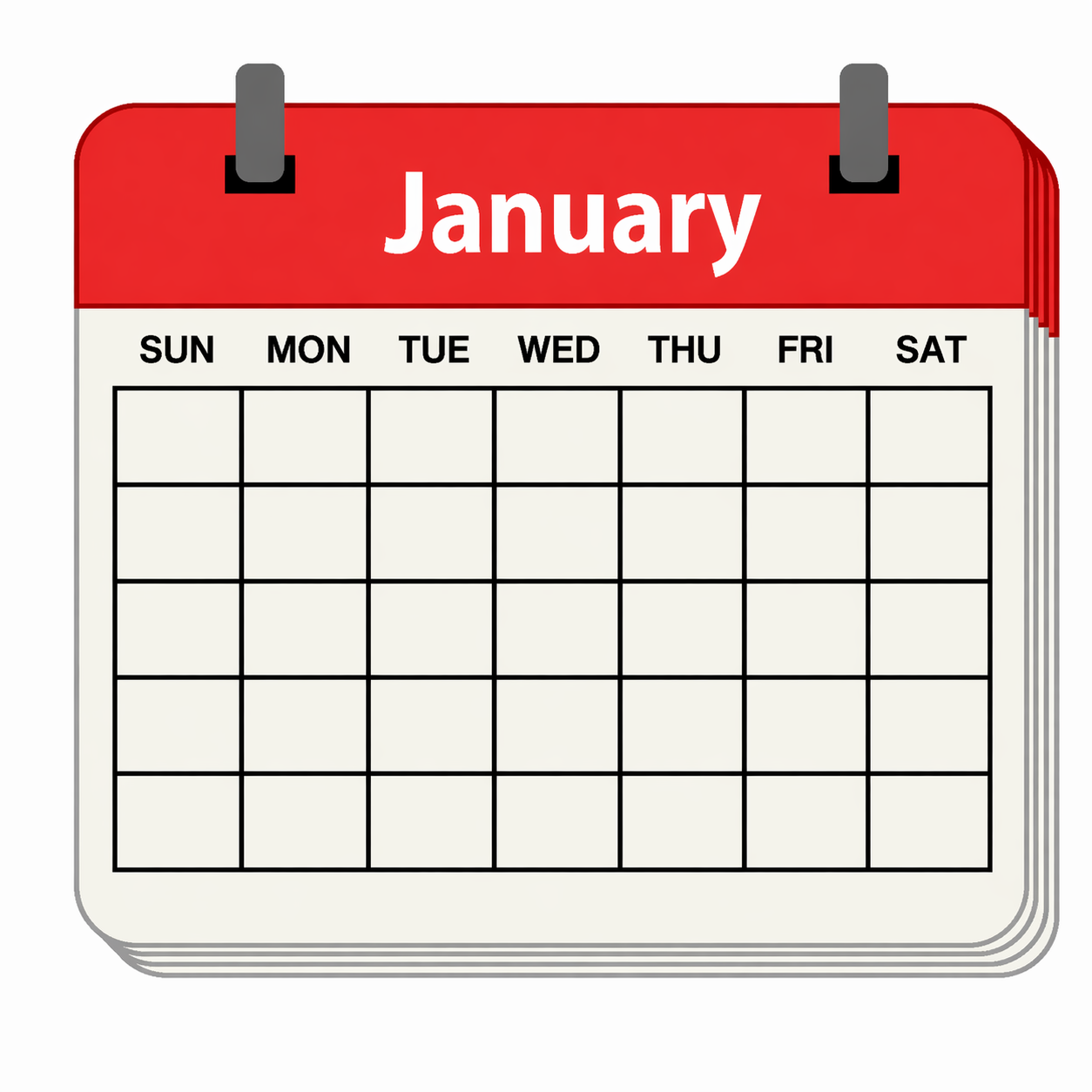 Blank January calendar page with red header and empty date grid