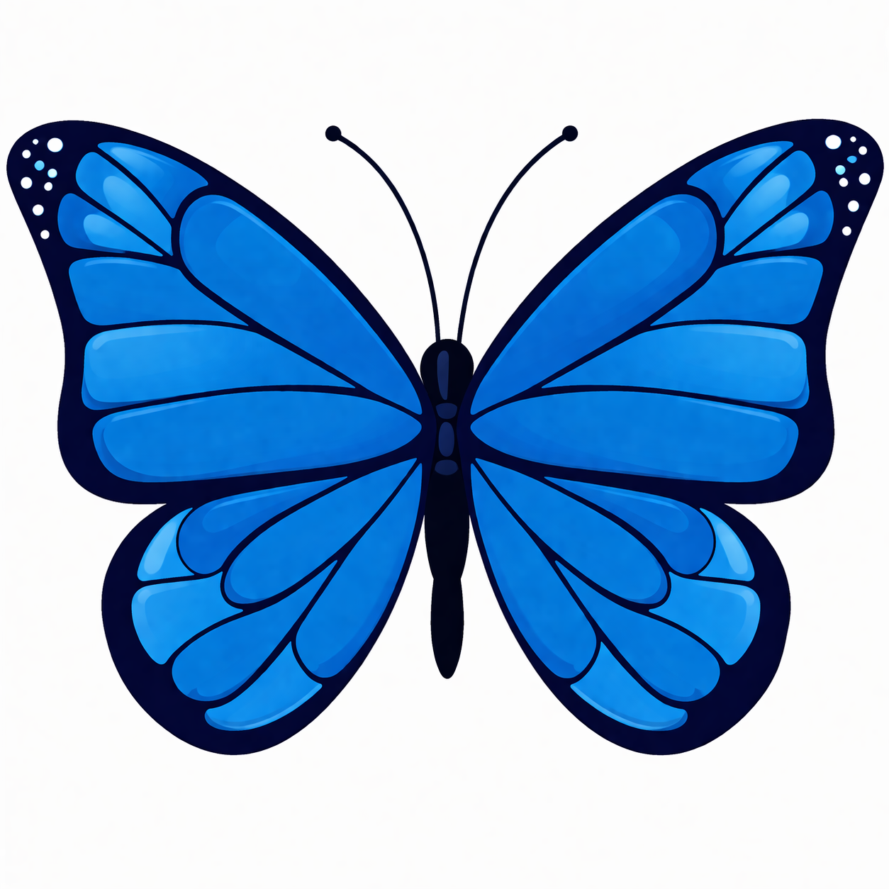 Blue butterfly vector illustration with dark outlines and white dots on wing tips.