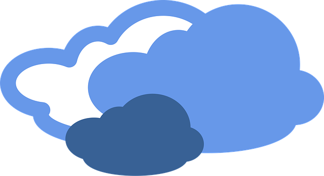 Stylized vector illustration of three blue clouds in varying shades.