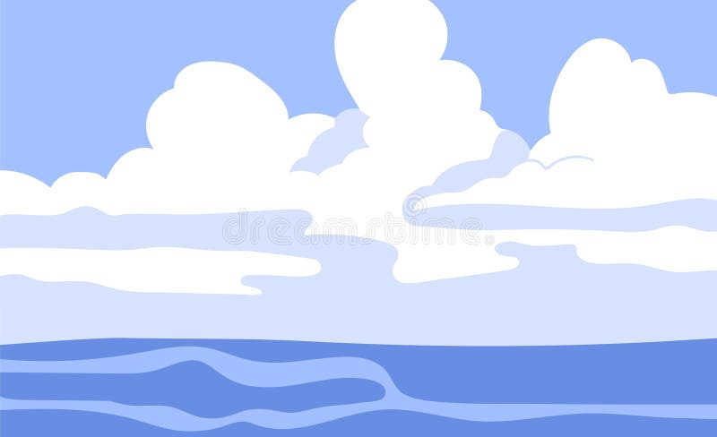 Minimalist blue seascape illustration with white fluffy clouds and ocean waves