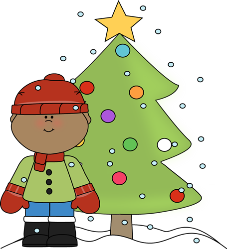 Winter Holiday Clip Art: Boy Standing by Christmas Tree