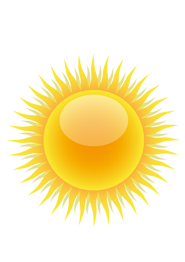 Bright yellow sun vector illustration with spiky rays and a glowing gradient center.