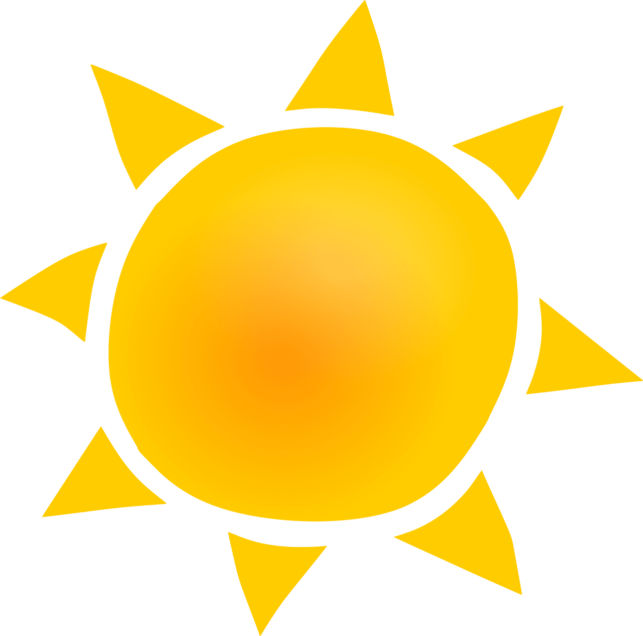 Bright yellow sun icon with eight triangular rays on a green background.